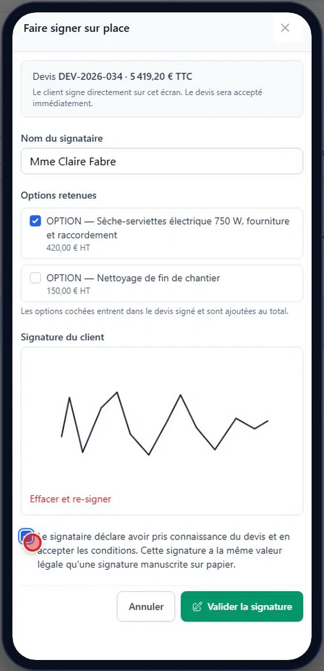 Écran FacturesPro « Faire signer sur place » : le client a signé le devis au doigt sur le téléphone